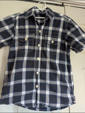 Boy's Gap Short-Sleeve Plaid Button-Up Shirt - Navy/Light Blue/White